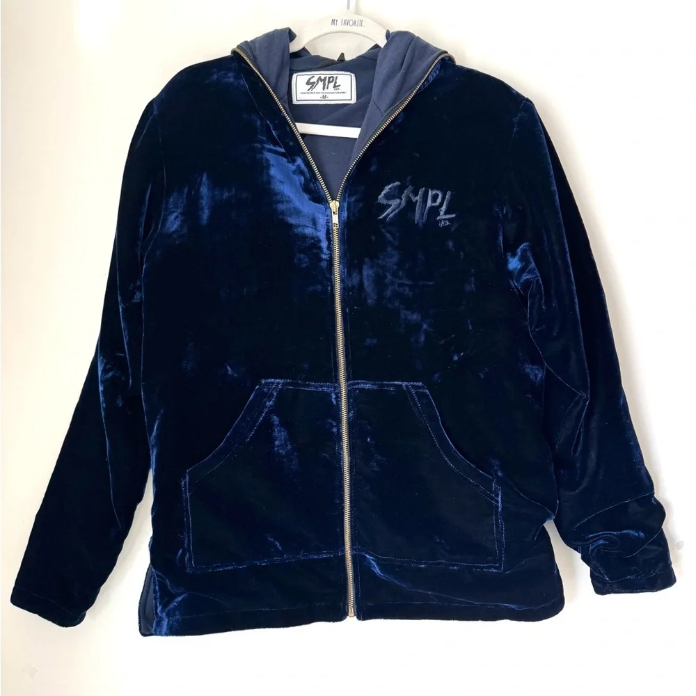 SMPL Sample Industries men’s blue velvet zip hoodie